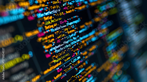 A Close-Up View of Colorful Code on a Dark Background, Showing Lines of Text and Symbols, Creating an Abstract and Technological Background Image