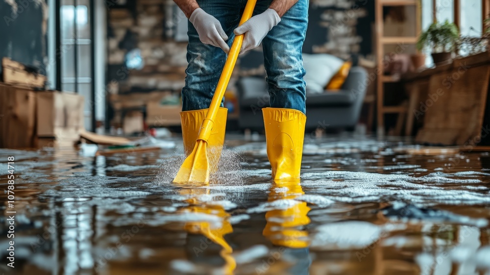 A man in rubber boots washes a flooded floor, paying special attention to cleaning and repairing water damage. Flood response, maintenance and disaster recovery concept A man in rubber boots washes a flooded floor, paying special attention to cleaning and repairing water damage. Flood response, maintenance and disaster recovery concept