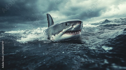 A great white shark breaching the ocean surface under stormy skies.