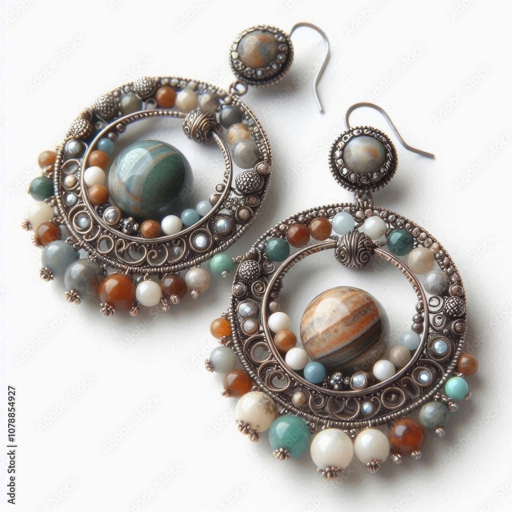 A pair of handmade earrings featuring stone and metal round beads, presented on a white background. AI generated.
A pair of handmade earrings featuring stone and metal round beads, presented on a white background. AI generated.