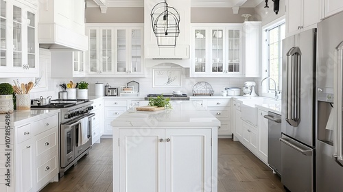 Modern White Kitchen Interior with Elegant Lighting and Bar Stools