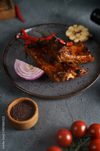 grilled juicy ribs with vegetables