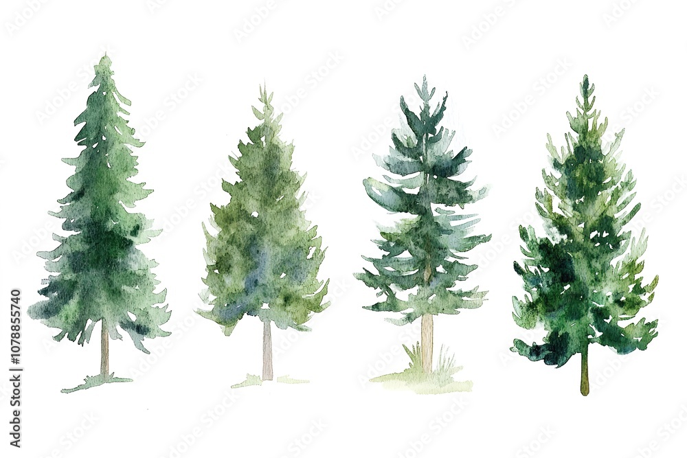 Obraz premium Watercolor Trees Evergreen Pine Tree Forest Illustration Watercolor Misty Scene Lanscape isolated on white background hand painted illustration painting 