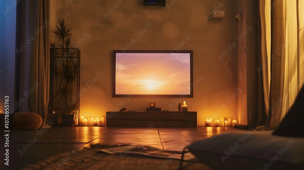Wooden frame containing minimal cinema poster the center point warm candlelit room generated illustration Wooden frame containing minimal cinema poster the center point warm candlelit room generated illustration