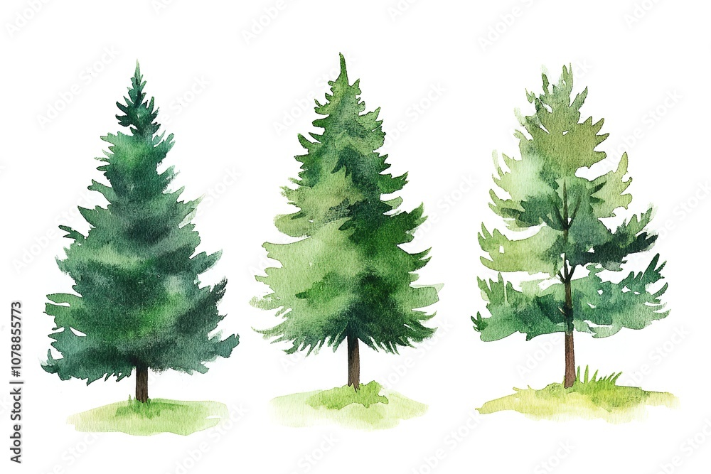 Fototapeta premium Watercolor Trees Evergreen Pine Tree Forest Illustration Watercolor Misty Scene Lanscape isolated on white background hand painted illustration painting 