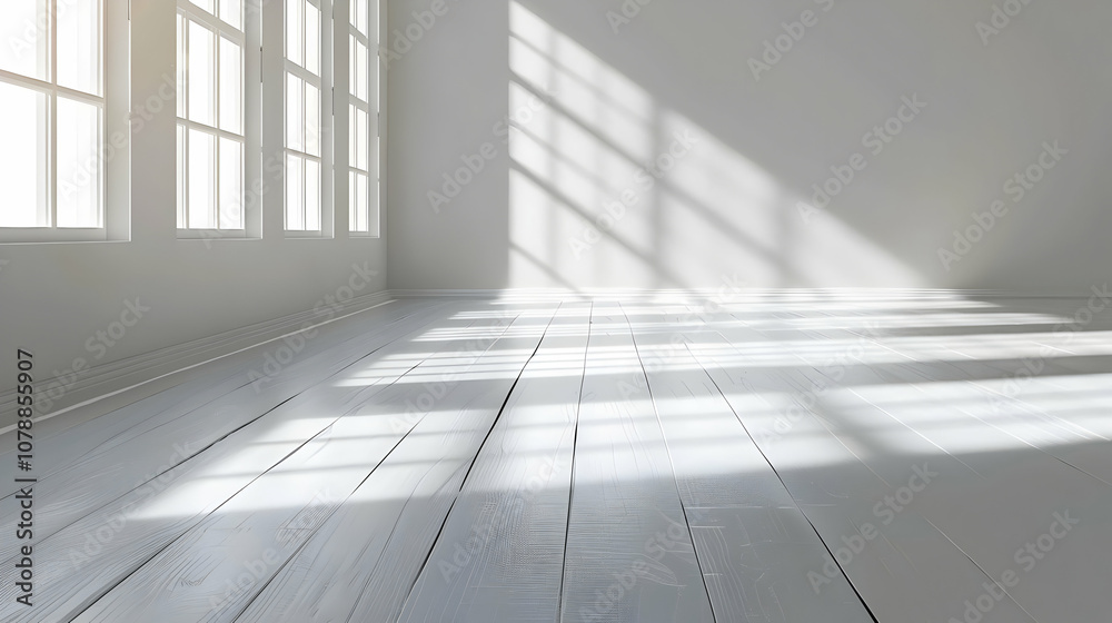 Sunlight Streaks Across White Wood Floor in Empty Room with Windows Sunlight Streaks Across White Wood Floor in Empty Room with Windows
