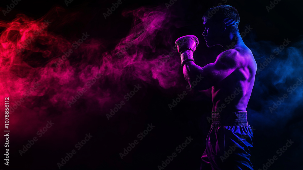 A powerful depiction of a muscular boxer illuminated by vivid neon blue and red lighting, surrounded by swirling smoke. The dynamic lighting highlights the intensity and focus of the athlete in a dram A powerful depiction of a muscular boxer illuminated by vivid neon blue and red lighting, surrounded by swirling smoke. The dynamic lighting highlights the intensity and focus of the athlete in a dram
