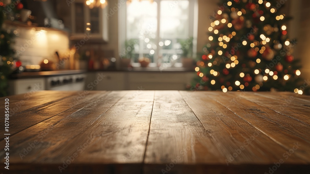 Festive kitchen backdrop with empty wooden table in foreground, Christmas tree and twinkling lights creating a warm, cozy atmosphere for holiday cooking Festive kitchen backdrop with empty wooden table in foreground, Christmas tree and twinkling lights creating a warm, cozy atmosphere for holiday cooking