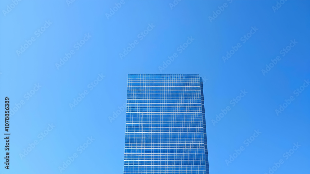A Tall Glass Building Reaching Towards a Clear Blue Sky, Representing Modern Architecture and Urban Development A Tall Glass Building Reaching Towards a Clear Blue Sky, Representing Modern Architecture and Urban Development