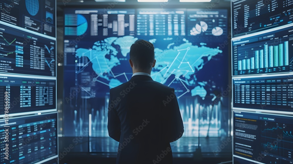 World big data and data management systems the financial sector with analyst work generated illustration World big data and data management systems the financial sector with analyst work generated illustration