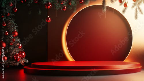 Vibrant Modern Christmas Greeting Card Featuring an Empty Podium for Product Presentation