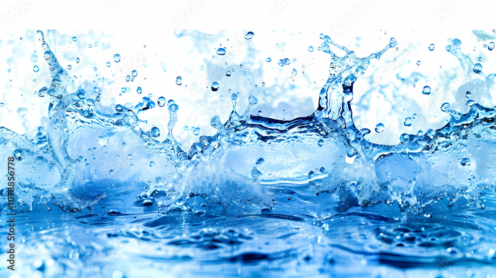 Water Droplets Splashing and Creating a Rippling Effect on a Blue Water Surface with White Background Water Droplets Splashing and Creating a Rippling Effect on a Blue Water Surface with White Background
