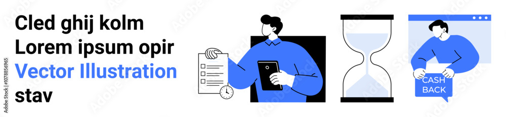 Man holding a checklist, another with tablet and hourglass, cashback receipt. Ideal for business, finance, productivity, time management, online shopping, marketing, presentations. Landing page Man holding a checklist, another with tablet and hourglass, cashback receipt. Ideal for business, finance, productivity, time management, online shopping, marketing, presentations. Landing page