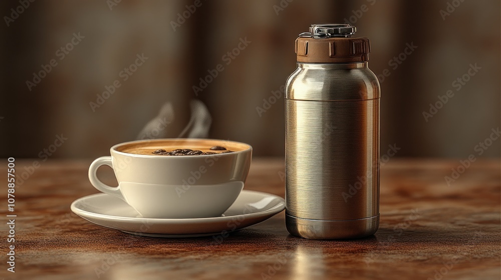 A steaming cup of coffee beside a stainless steel thermos. A steaming cup of coffee beside a stainless steel thermos.