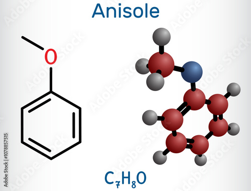 Anisole, methoxybenzene, methyl phenyl ether molecule. Structural chemical formula, molecule model. Vector