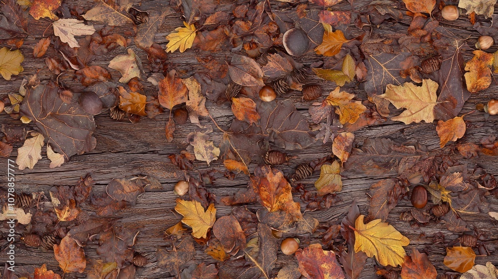 Autumnal Harmony: Vibrant Fall Foliage and Acorns on Textured Wood Surface Autumnal Harmony: Vibrant Fall Foliage and Acorns on Textured Wood Surface