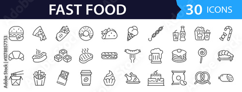 Fast food set of web icons in line style. Food and drink linear icon collection. Containing burger, pizza, hot dog, french fries, kabab, ice cream, coffee, donut, sandwich and more. Editable stroke