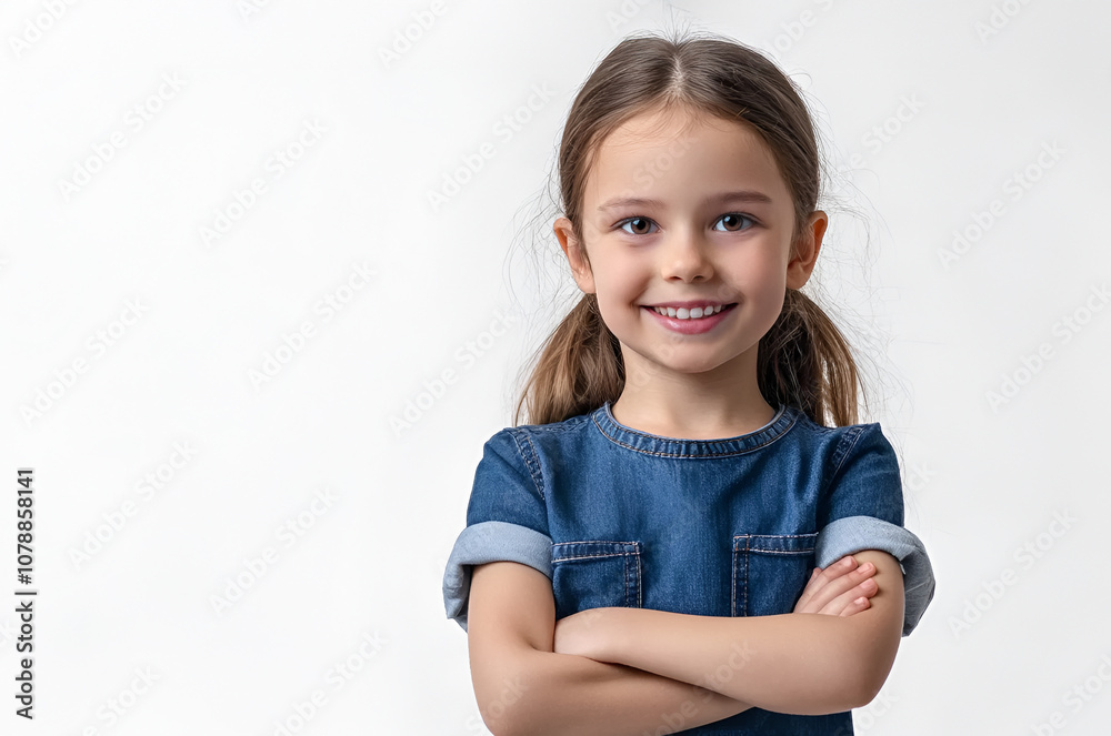 Cute little girl in denim clothes, arms crossed on a white background Cute little girl in denim clothes, arms crossed on a white background