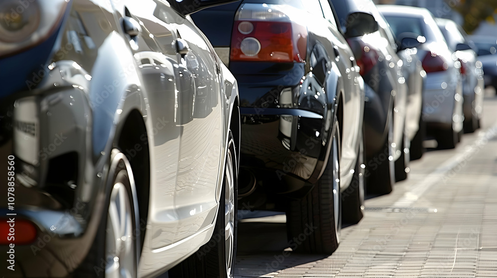 A row of parked cars, seen from behind, in a parking lot, with the shiny metal reflecting the sunlight on the cars. A row of parked cars, seen from behind, in a parking lot, with the shiny metal reflecting the sunlight on the cars.