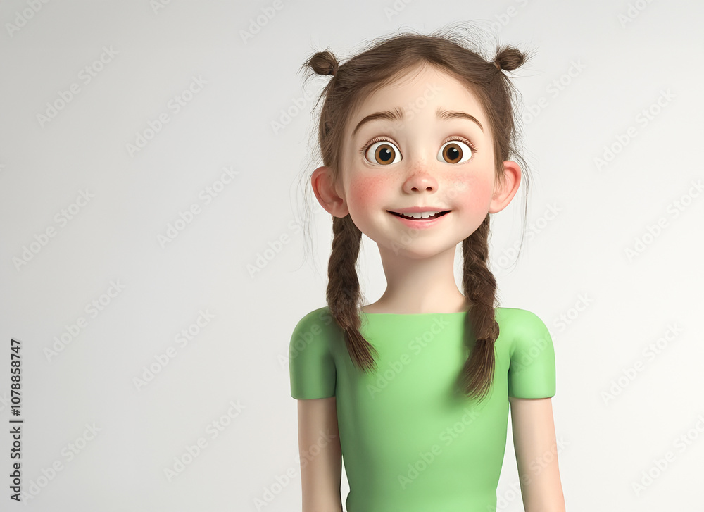 3D cartoon girl character standing on white background on green shirt 3D cartoon girl character standing on white background on green shirt