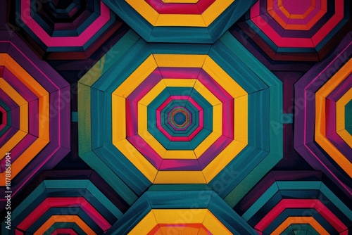 Vibrant and colorful pattern of hexagons, arranged in an octagonal structure with each shape filled with different colors like teal blue, magenta, purple, yellow, green, or orange-red