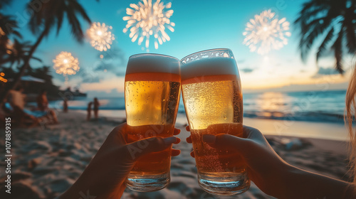 
two blonder girl on the beach sand, toasting with large beer glasses, with the ocean and New Year's fireworks in the background photo