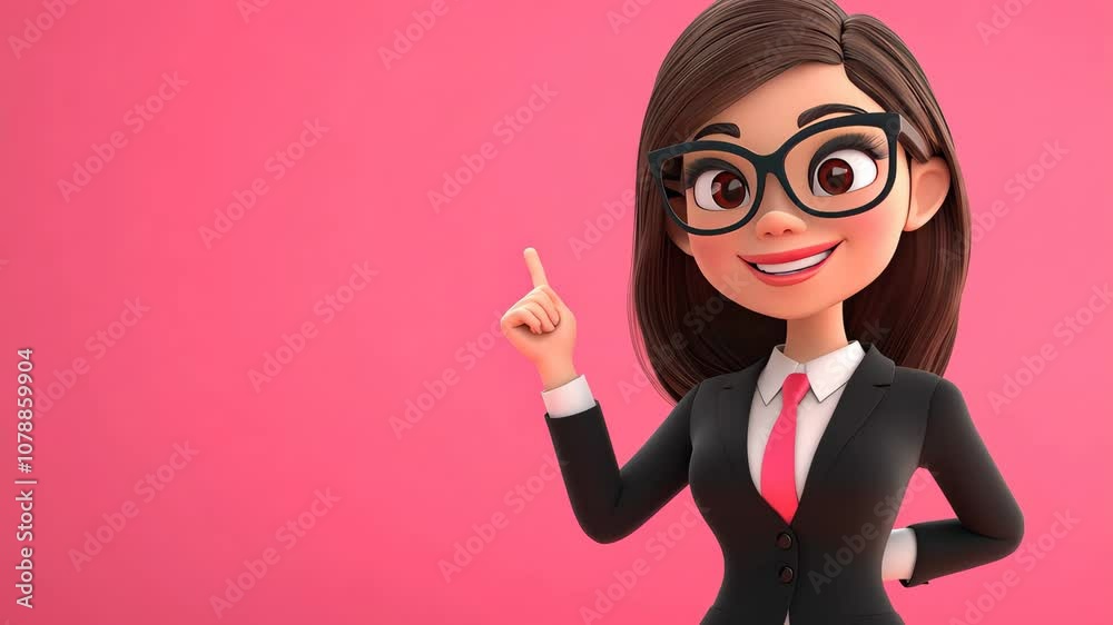 A cheerful animated woman in a suit pointing, set against a pink background. A cheerful animated woman in a suit pointing, set against a pink background.