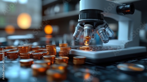 Microscope with coins, highlighting scientific research and finance.