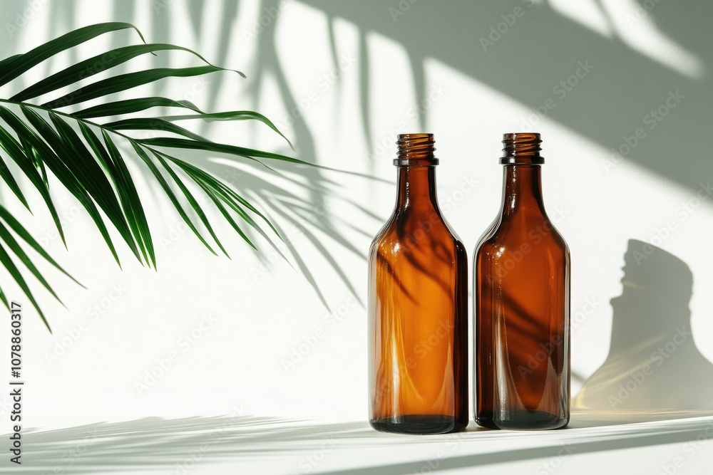 Tropical Beauty. Minimalist Mockup with Empty Amber Glass Bottles and Palm Leaves on White Background Tropical Beauty. Minimalist Mockup with Empty Amber Glass Bottles and Palm Leaves on White Background