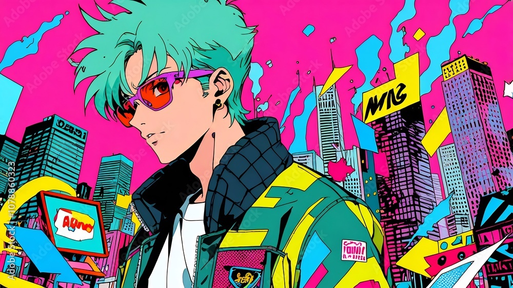 Fototapeta premium Portrait Anime Retro Cool Boy Character, Pop Art Syle Wallpaper Background