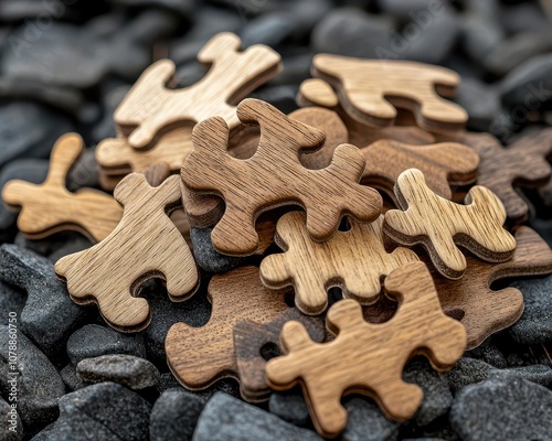 Wooden puzzle pieces shaped like animals, scattered on a forest floor, puzzle, nature photo