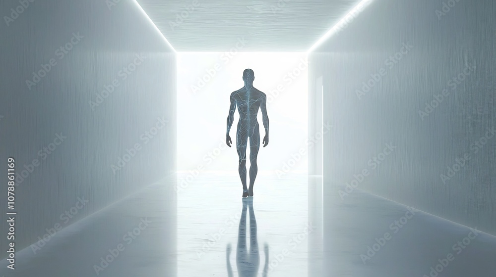Fototapeta premium Glowing Enhanced Human Standing in Minimalist Futuristic Environment