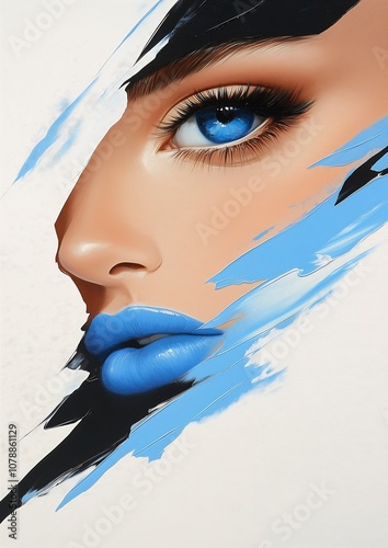 womans face blue lipstick eyes exquisite creature amazing inspiring trend white paint liquid wall photo