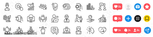 Sun protection, Cyber attack and Doctor line icons pack. Social media icons. Interview, Telemedicine, Vacancy web icon. Yummy smile, Video conference, Covid app pictogram. Vector