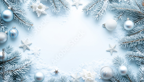 Frosty white Christmas background with stars and decorations, snowflakes, and a light blue color scheme.