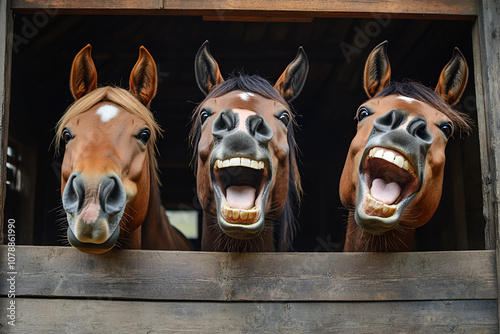 Three cute horses laughing in the stable