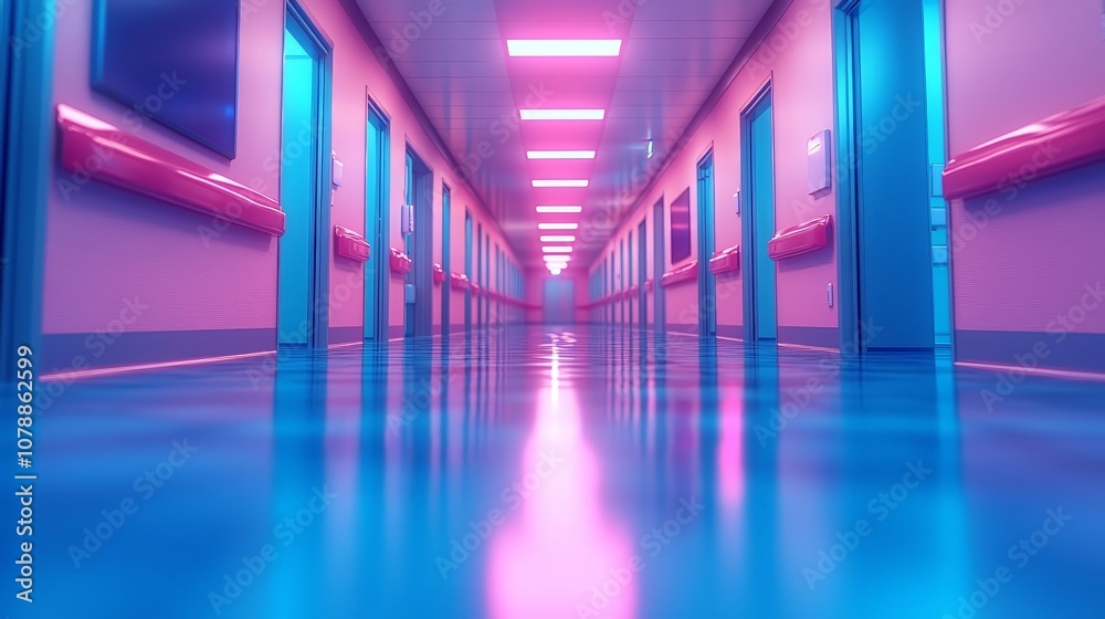 A vibrant, surreal corridor with pink and blue lighting, suggesting a futuristic environment. A vibrant, surreal corridor with pink and blue lighting, suggesting a futuristic environment.
