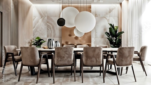 Interior of modern dining room with beige walls, concrete floor, round wooden tables with beige chairs and lamps. 3d rendering