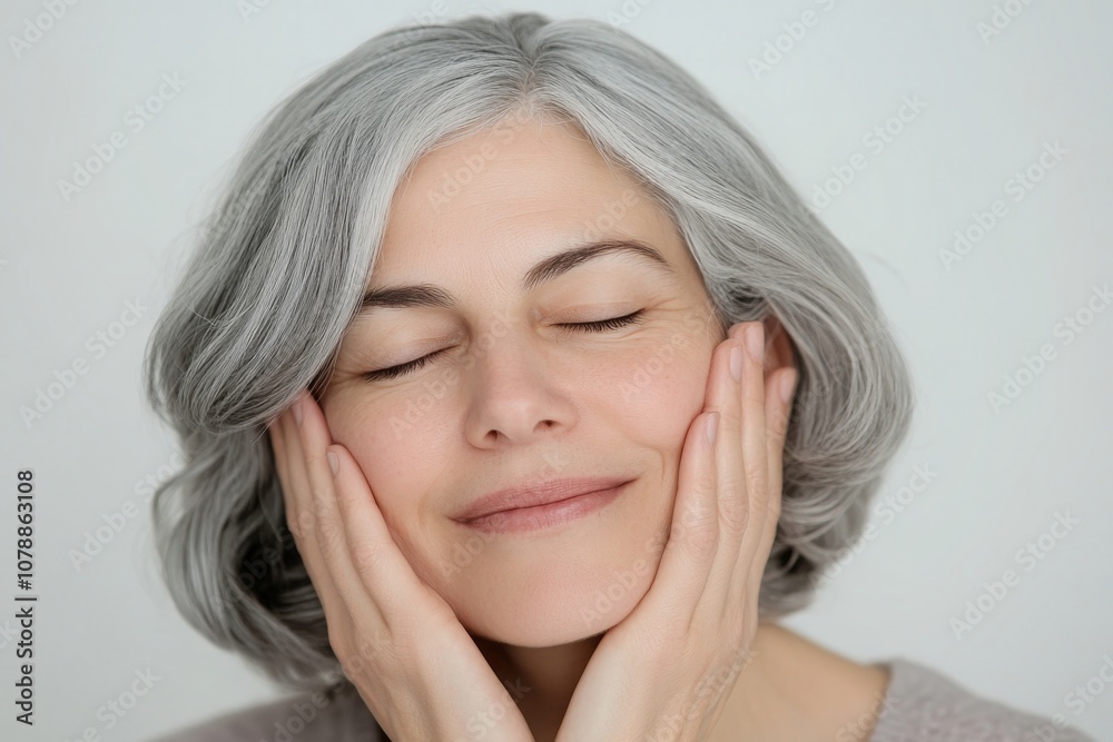 Middle-Aged Woman Touching Face, Eyes Closed and Smiling Middle-Aged Woman Touching Face, Eyes Closed and Smiling
