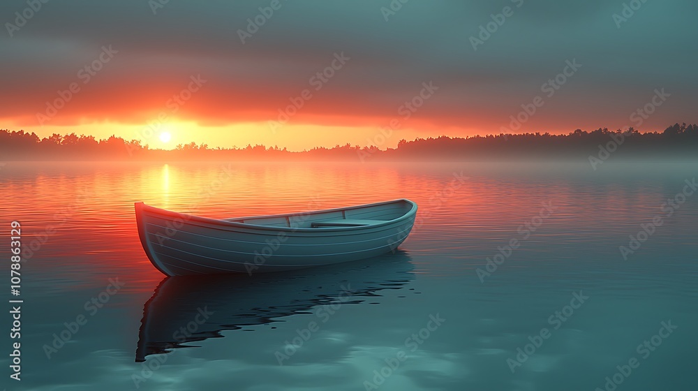 A small, white rowboat sits on the calm surface of a lake, with a beautiful sunset over the horizon and fog rolling in. A small, white rowboat sits on the calm surface of a lake, with a beautiful sunset over the horizon and fog rolling in.