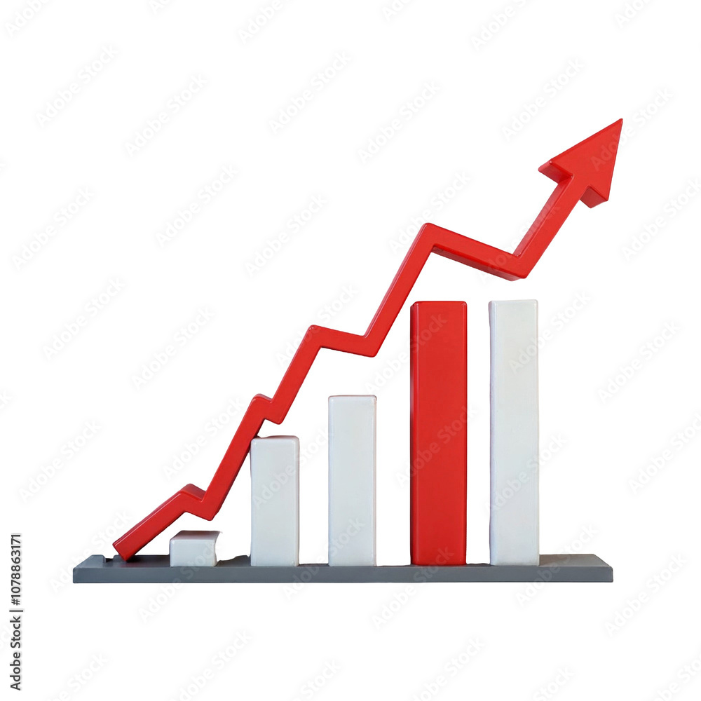 Red upward arrow graph showing rising prices or trends in business or company work Red upward arrow graph showing rising prices or trends in business or company work