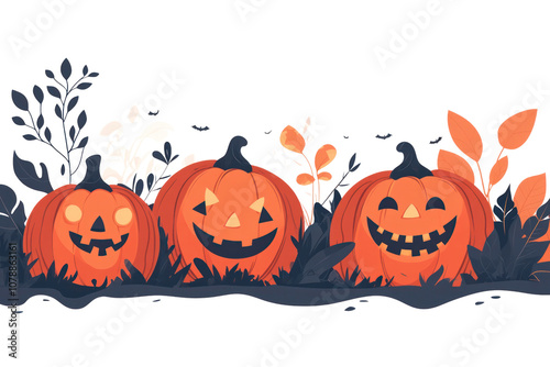 Engaging flat vector background depicting a row of menacing pumpkin lanterns, each with unique carved faces, interspersed with spooky motifs like spider webs  photo