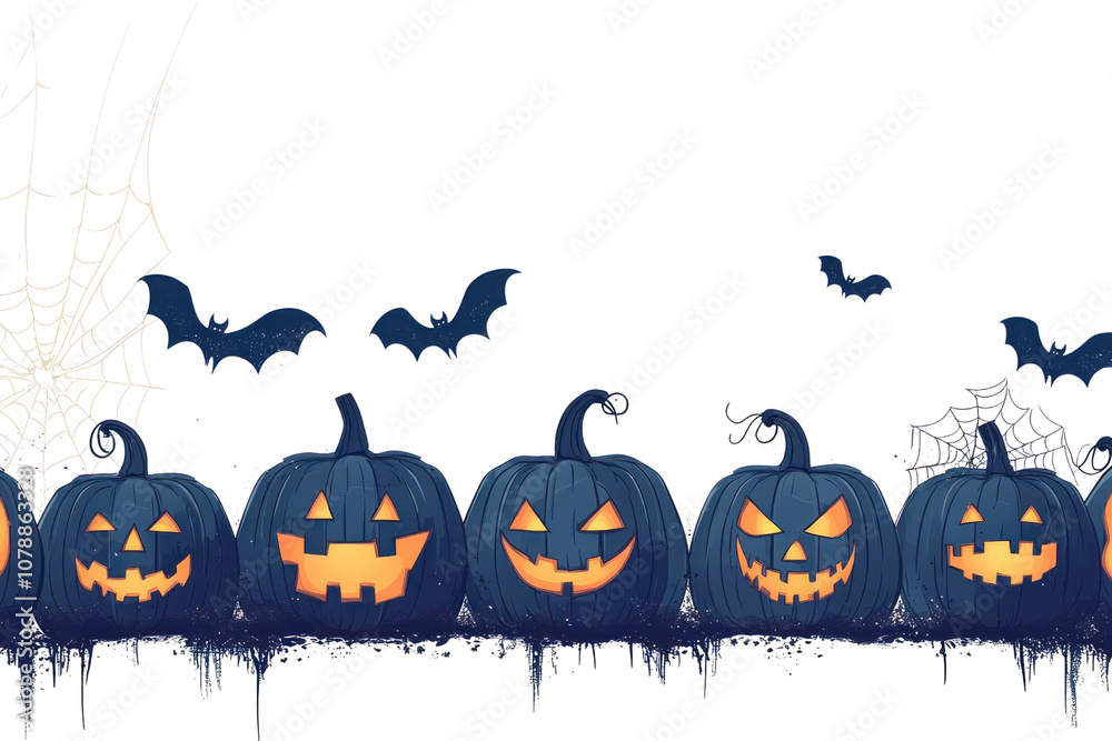 Engaging flat vector background depicting a row of menacing pumpkin lanterns, each with unique carved faces, interspersed with spooky motifs like spider webs Engaging flat vector background depicting a row of menacing pumpkin lanterns, each with unique carved faces, interspersed with spooky motifs like spider webs