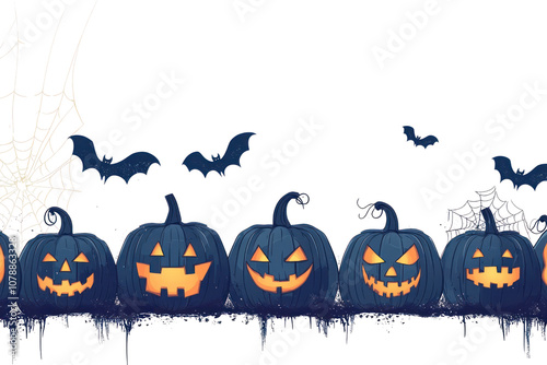 Engaging flat vector background depicting a row of menacing pumpkin lanterns, each with unique carved faces, interspersed with spooky motifs like spider webs  photo