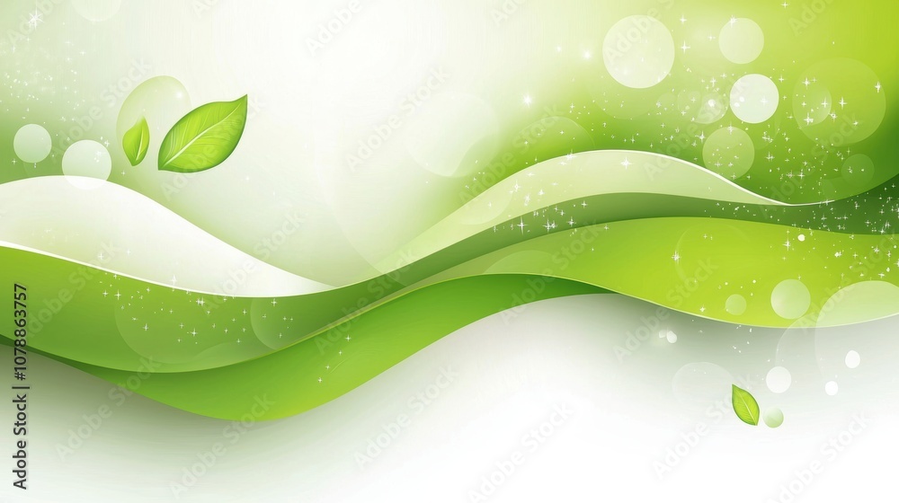 Green Wave Background with Leaves and Bokeh Effects Green Wave Background with Leaves and Bokeh Effects