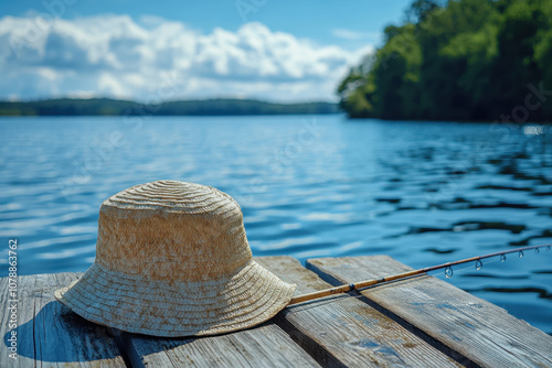 National Hat DayA straw hat rests on a wooden dock beside a calm lake, surrounded by greenery and under a bright blue sky with fluffy clouds. photo