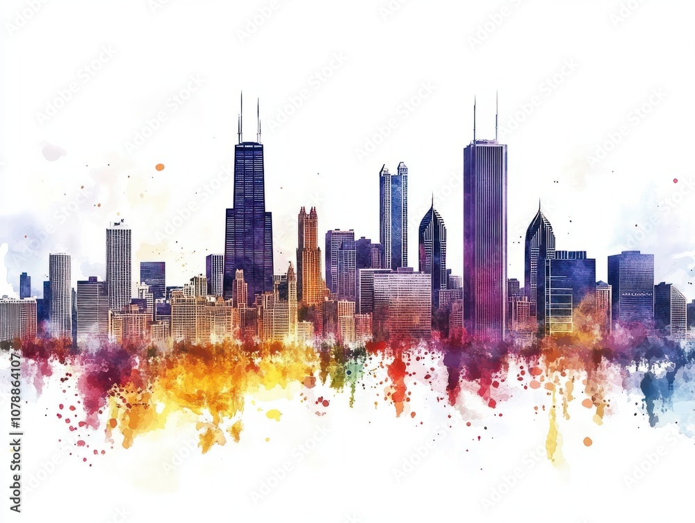 Obraz premium A detailed watercolor painting of the Chicago skyline against a white background, Depict the diversity of architectural styles that define Chicago's unique skyline