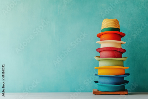 National Hat DayA vibrant stack of colorful spools arranged on a simple table against a textured teal background. photo