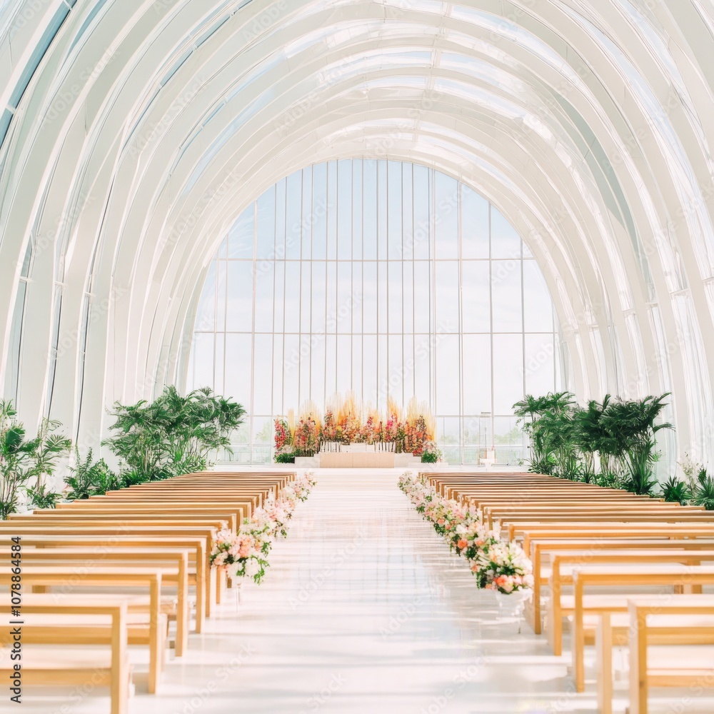 Fototapeta premium Luxurious Wedding Ceremony Decor Inside All-White Glass Cathedral