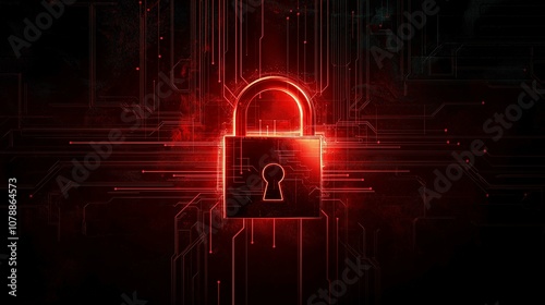 Abstract Digital Lock Symbol with Red Glow and Circuit Board Background for Cybersecurity and Data Protection Themes in Technology and Privacy
